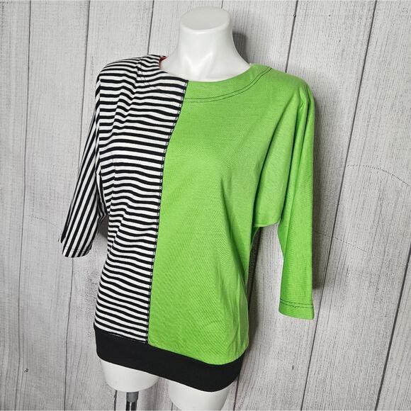 VTG 80s Green/Black & White Striped Split Dolman Sleeve Blouse, size Medium - Picture 2 of 8